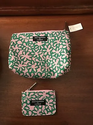 Marimekko For Clinique Pink/Green Print Logo Zip Makeup Bag+Zip Card Pouch NWT • $15