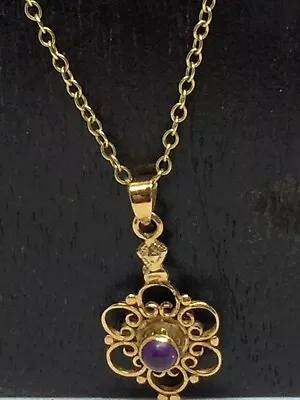 Vintage 9ct Gold Pendant Necklace Purple Amethyst Stone .375 Hallmarked 3grams • £30