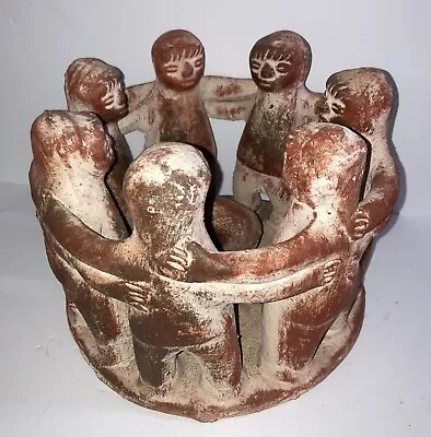 Vintage Aztec Mayan Large Circle Of 7 Friends Candle Holder Pottery Clay EUC • $79.99