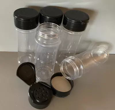 SPICE BOTTLES JARS 5 Oz CLEAR PLASTIC W/black Flip Caps Lot Of 5 FREE US SHIP • $8.89