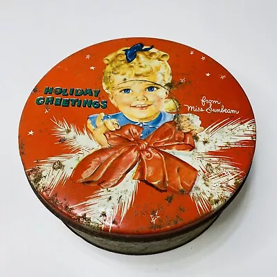 Vintage Miss Sunbeam Holiday Greeting Cake Tin All Original     X1 • $23.99