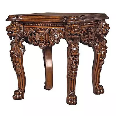 Majestic Lions Hand Carved Solid Mahogany Medieval Antique Replica Side Table • $1165.85