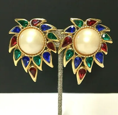 Vintage MOGHUL Rhinestone Pearl GOLD Statement Clip EARRINGS Emerald Ruby H337i • $79