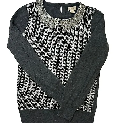 J Crew Women's Gray Jewel Collar Herringbone Sweater Size XS Bling Merino Wool • $36.99