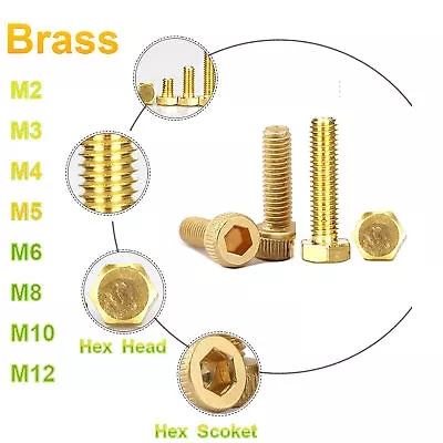 M2 - M12 Brass Socket Cap Head & Hex Head Screws Fully Threaded Allen Key Bolt • £1.60