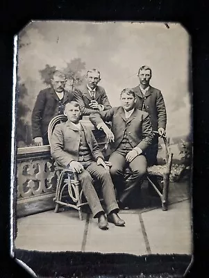 Antique Photo Victorian Era 1890s Tintype Group Of 5 Rugged Men Smoking Cigars • $7