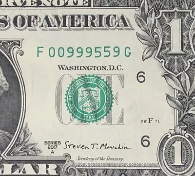Trinary Fancy Serial Number One Dollar Bill F00999559G FW Print 0s 9s 5s • $8.50