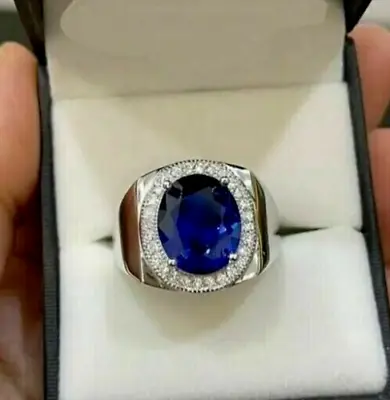 3.75 Ct Oval Cut Natural Blue Sapphire & Diamond 14K Real White Gold Men's Ring • $1575
