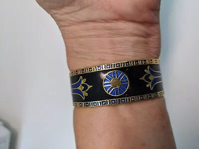 Vintage Gold Tone Blue Black Enamel Egyptian Revival Cuff  Bracelet  • $38