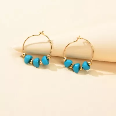 Boho Blue Beaded Gold Plated Circle Dangle Hoop Earrings Indian American Jewelry • $2.96