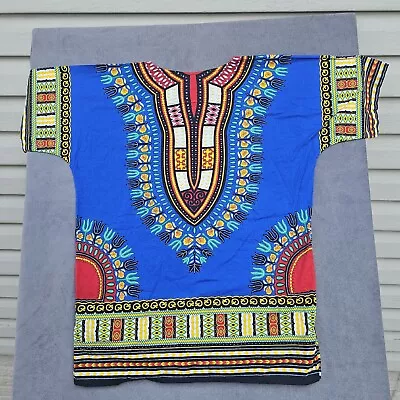 Vintage Tribal African Dashiki Caftan Tunic Top Pockets Unisex Blue L • $14.44