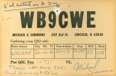 WB9CWE QSL Card Lincoln Illinois - 1981 • $1.99