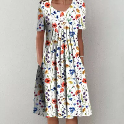 £12.59 • Buy Women Floral Crew Neck Short Sleeve Midi Dress Ladies Loose Pocket Pleated Dress