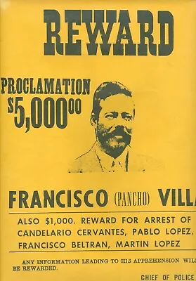 FRANCISCO 'PANCHO' VILLA Wanted Poster $5000 Reward - New Mexico 1916 Vintage • $35.22