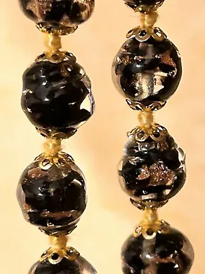 Vintage Murano Millefiori Venetian Cap Knotted Glass Black Gold Necklace 18  • $28