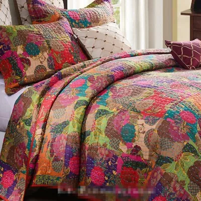 JEWEL RED 3pc Queen QUILT SET : COTTON MOROCCAN BOHO FLORAL EXOTIC COMFORTER • $109.45