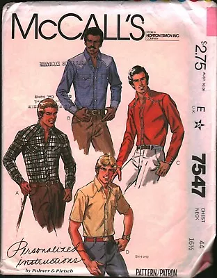 7547 Vintage McCalls SEWING Pattern Mens 1980s Buttoned Front Shirt Western Snap • $7.99