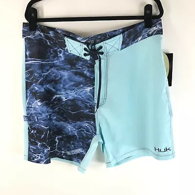 Huk Mens Board Shorts Quick Dry Sun Protection Stretch Mossy Oak Blue 38 • $29.99