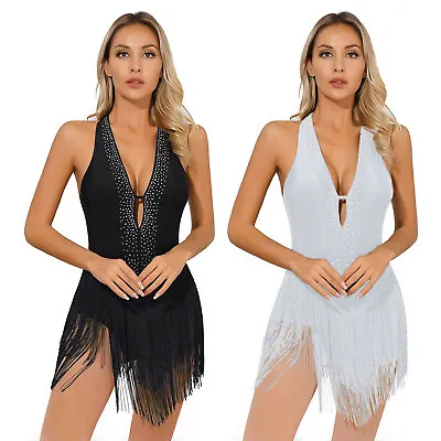 Women's Tassel Latin Dance Dress Rumba Salsa Cha-cha Dancewear Costume Leotard • £23.53