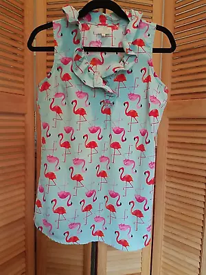 Mud Pie Flamingo Ruffle Sleeveless Blouse Top Shirt Sz S Blue Pink Gold Button • $12