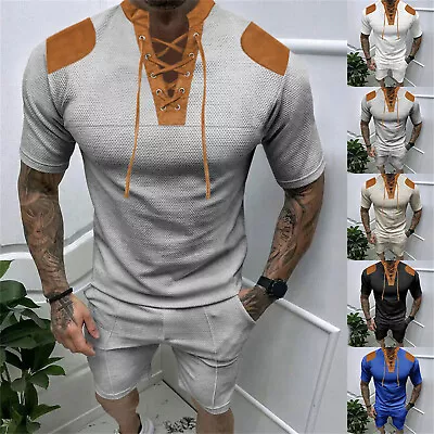 Mens Sweatsuits 2 Piece Short Sleeve Laceup T-Shirt Tracksuit Sets Shorts Suits • $36.99