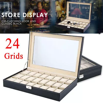 24 Grids Watch Display Storage Case Jewelry Organizer Boxe With Glass Top & Lock • £22.47