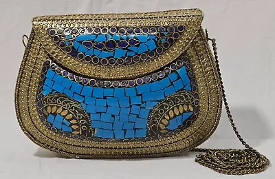 Vintage Kushi Afghan Minaudiere Blue Stone Tile Mosaic Brass Metal Clutch Strap • $49.95