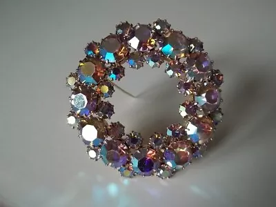 Vtg Weiss? PURPLE/BLUE/Multi Aurora Borealis Gold Plated Circle BROOCH 1.75  • $24.99