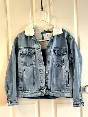 91 Cotton On Sz 8 Heavy Duty Blue Denim Fur Trim Jean Jacket Coat • $25