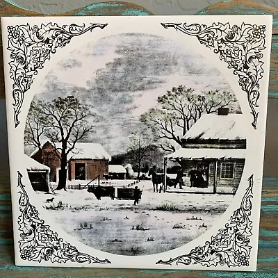 Vintage Delano Studios Tile Trivet Bucolic Winter Scene People Barn Cows 6 Inch • $9.95