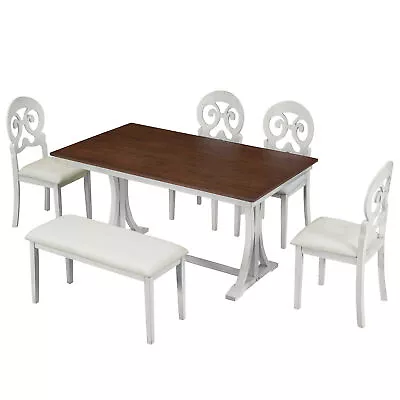 6-Piece Mid-Century Wooden Dining Table Set With 6 Upholstered Chairs 1 Bench • $756.82