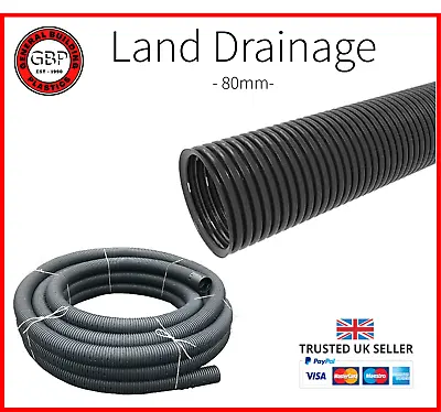 80mm 25m/50m/100m Land French Drainage Perforated Pipe **Cheap Fast Delivery** • £5.25