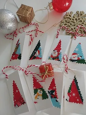 Christmas Gift Tags Handmade Pack Of 8 With Red String Ties Zero Waste Fabric • £3.50