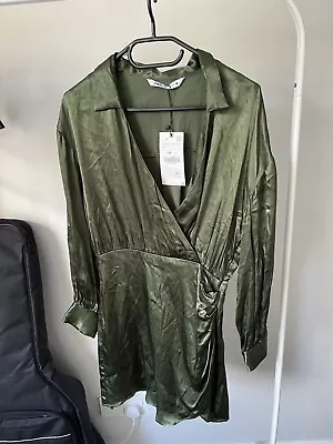 New Zara Size S Satin Effect Wrap Dress Mini Green Draped • £20