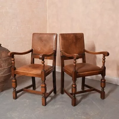 Pair Oak Carver Chairs Country Antique Dining Armchairs • £150