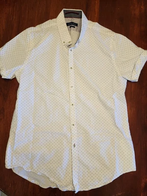 $13 • Buy Zara Man Casual Short Sleeve Button Down Shirt White Navy Dotted Xl