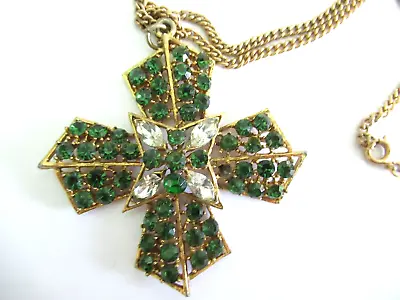Rhinestone Green Clear Maltese Cross Vintage Necklace • $26