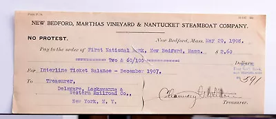 New Bedford Marthas Vineyard & Nantucket Steamboat Co Antique Bank Check 1908 • $6.95