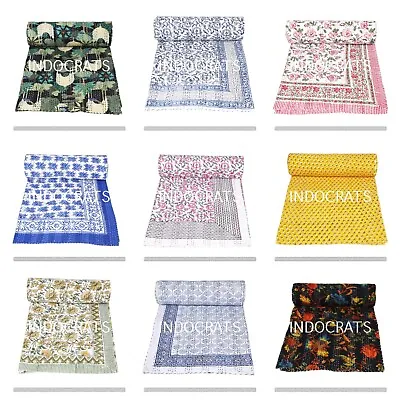 Indian Cotton Hand Block Print Kantha Bedspread Handmade Quilt Throw Blanket • £35.99