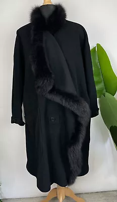 Vintage Free Size 10-18 Black Faux Fur Lapel Pure New Wool Overcoat Madeline • $118.23