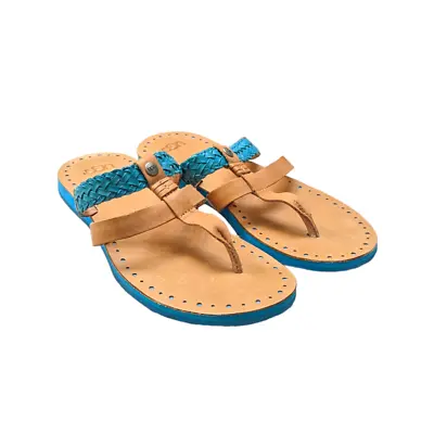 UGG Audra Sandal Surf Blue Tan Thong Braided Leather Flip Flops Womens Size 7 • $33.60