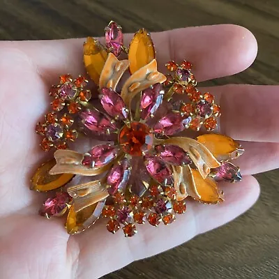 Vintage 50's Large Orange Pink Crystal Brooch Floral Branch Rhinestone Unsigned • $61.75