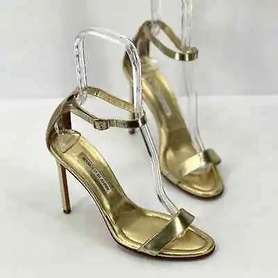MANOLO BLAHNIK Shoes Womens 39 Metallic Gold Chaos Cuffed Heeled Stiletto Sandal • $124.95