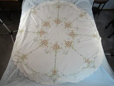 Vintage Floral Tablecloth Cut Work Pullwork Cross Stitch Embroidered 66  Round  • $59.99