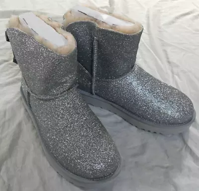 UGG Mini Bailey Silver Sparkly Boots With Bow On Back Womens Size 9 • $105.75