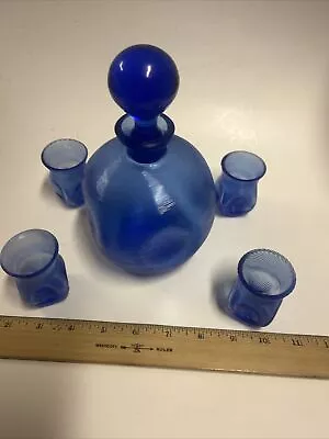 Mid-Century Modern Hand Blown Murano Pinched Cobalt Blue Decanter 4 Glasses Chip • $39.99