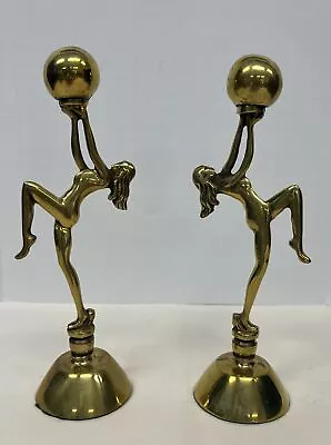 Pair Art Deco Nude Ladies Globe Solid Brass Risqué Statue Figurines Vintage 8  • $134.63