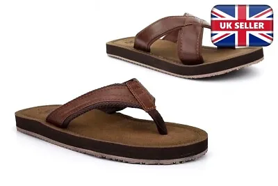 Mens Summer Sandals Faux Leather Crossover Mules Toe Post Flip Flops Brown • £15.19