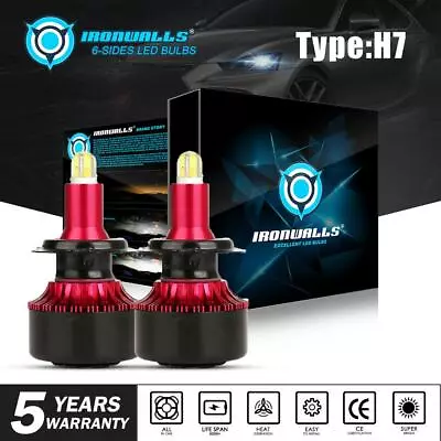 IRONWALLS 360° H7 LED Headlight Bulbs Conversion Kit Super High/Low Beam 6500K • $21.99