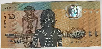 Australia 1988 . Ten 10 Dollars Banknotes . Consec Trio . Last Prefix Ab3394 • $7490